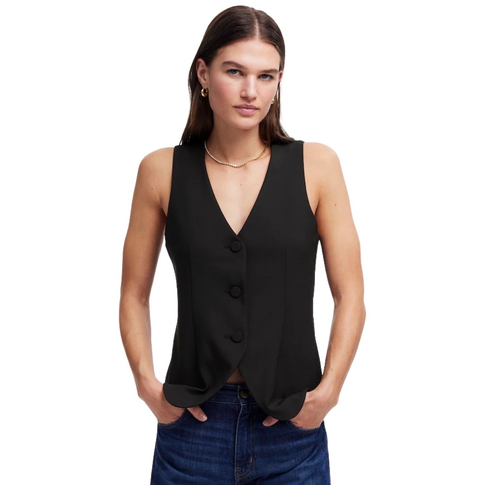 Madewell Vest Womens Size 2 Black Wool Blend Tailored V-Neck Button Front Preppy